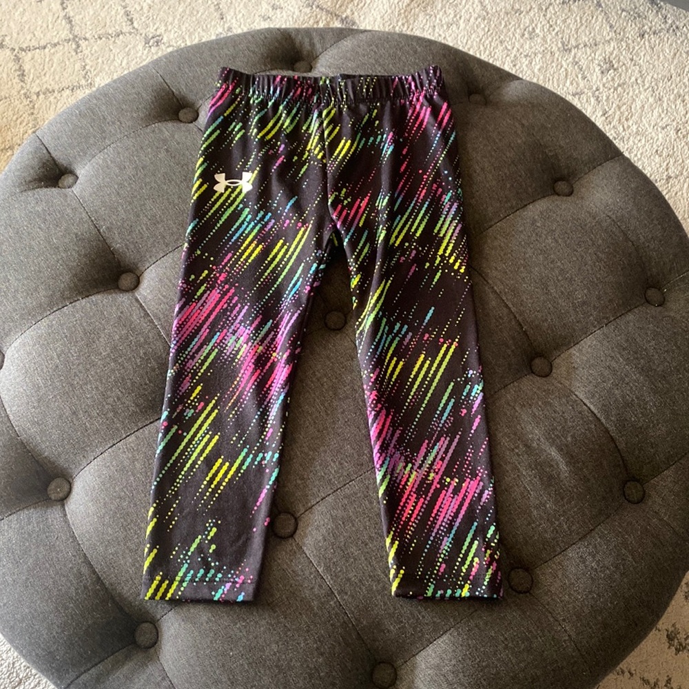 Under Armour Girls Black Leggings with Neon Pink, Yellow, Blue & Green Print
